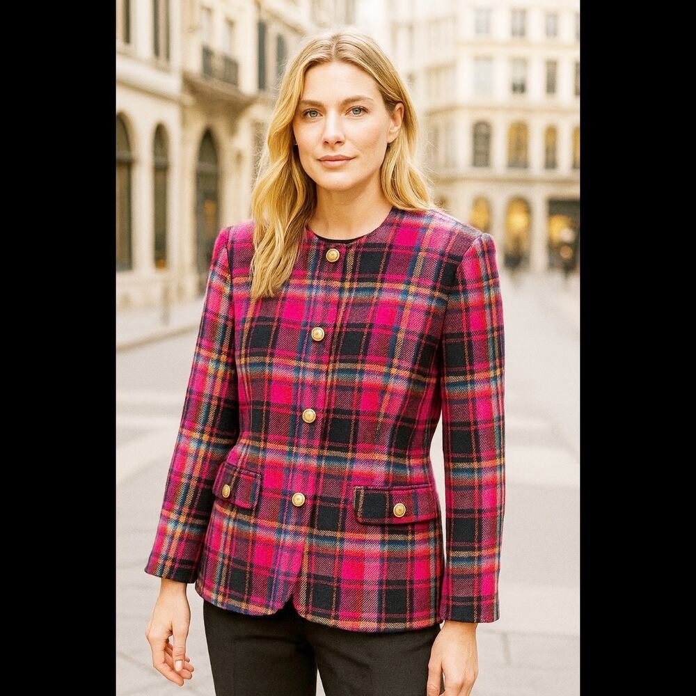Lord & Taylor 100% Wool Gold Buttons Plaid Blazer Vintage